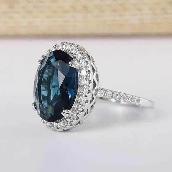 ▶Noble Hollow Anillos Super Large Oval Pure Royal Blue CZ Silver Ring, L263